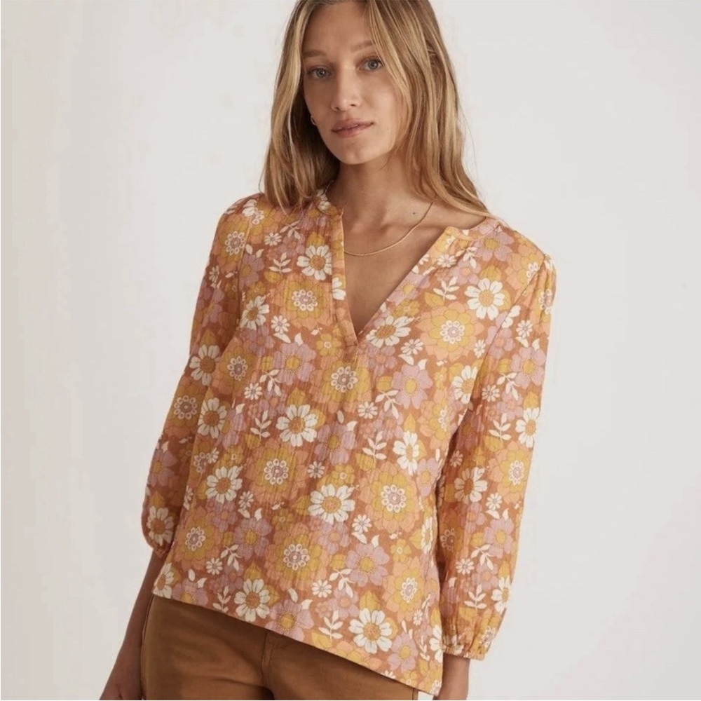 MARINE LAYER Women's Jamie Multi Floral Print Long Sleeve Split neck top Medium - Picture 4 of 10